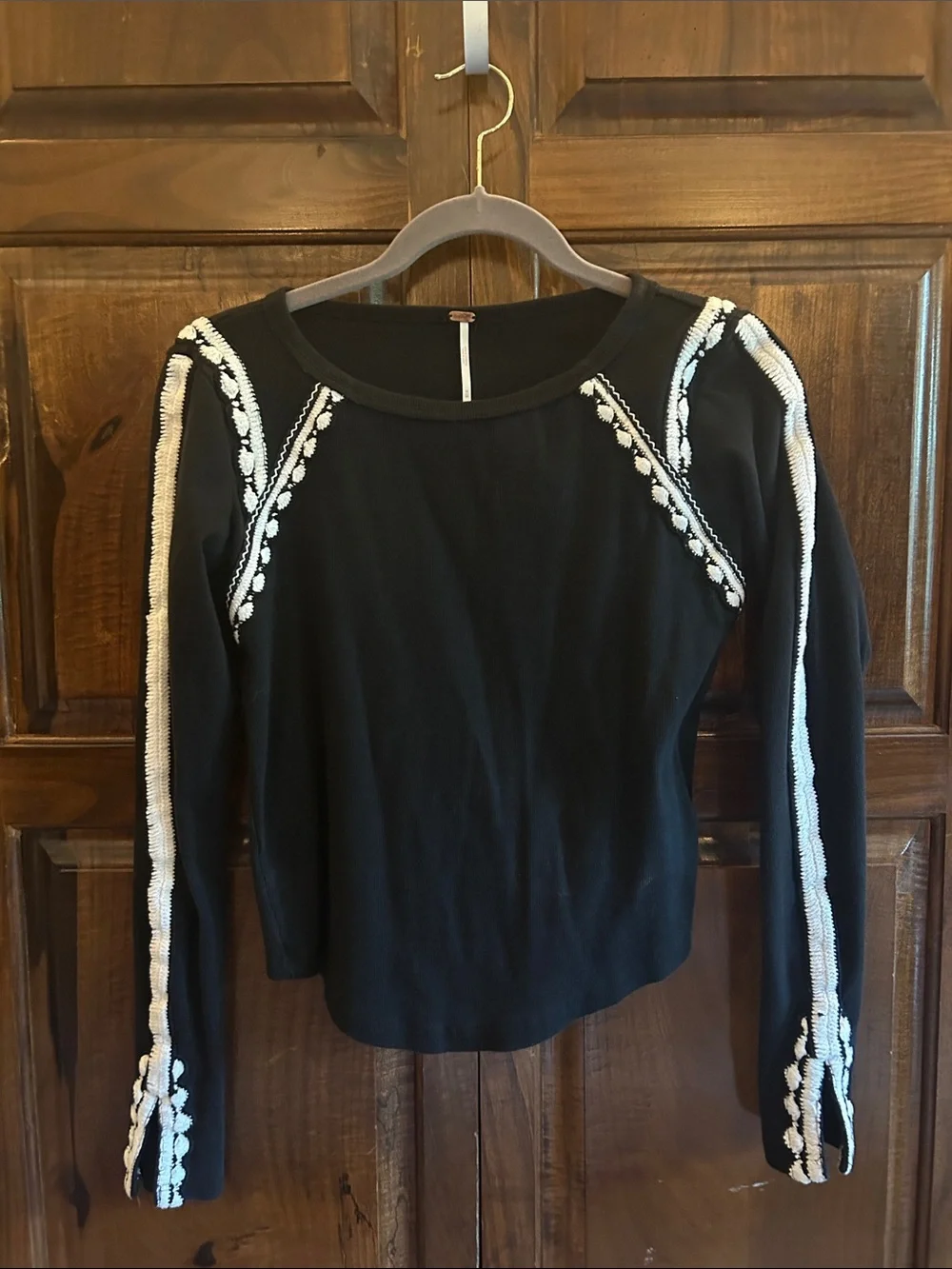 Free People Black Long Sleeve Top with White Embroidery